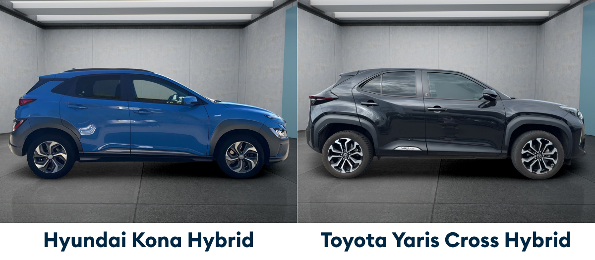 Toyota Yaris Cross Hybrid und Hyundai Kona Hybrid im Außenvergleich